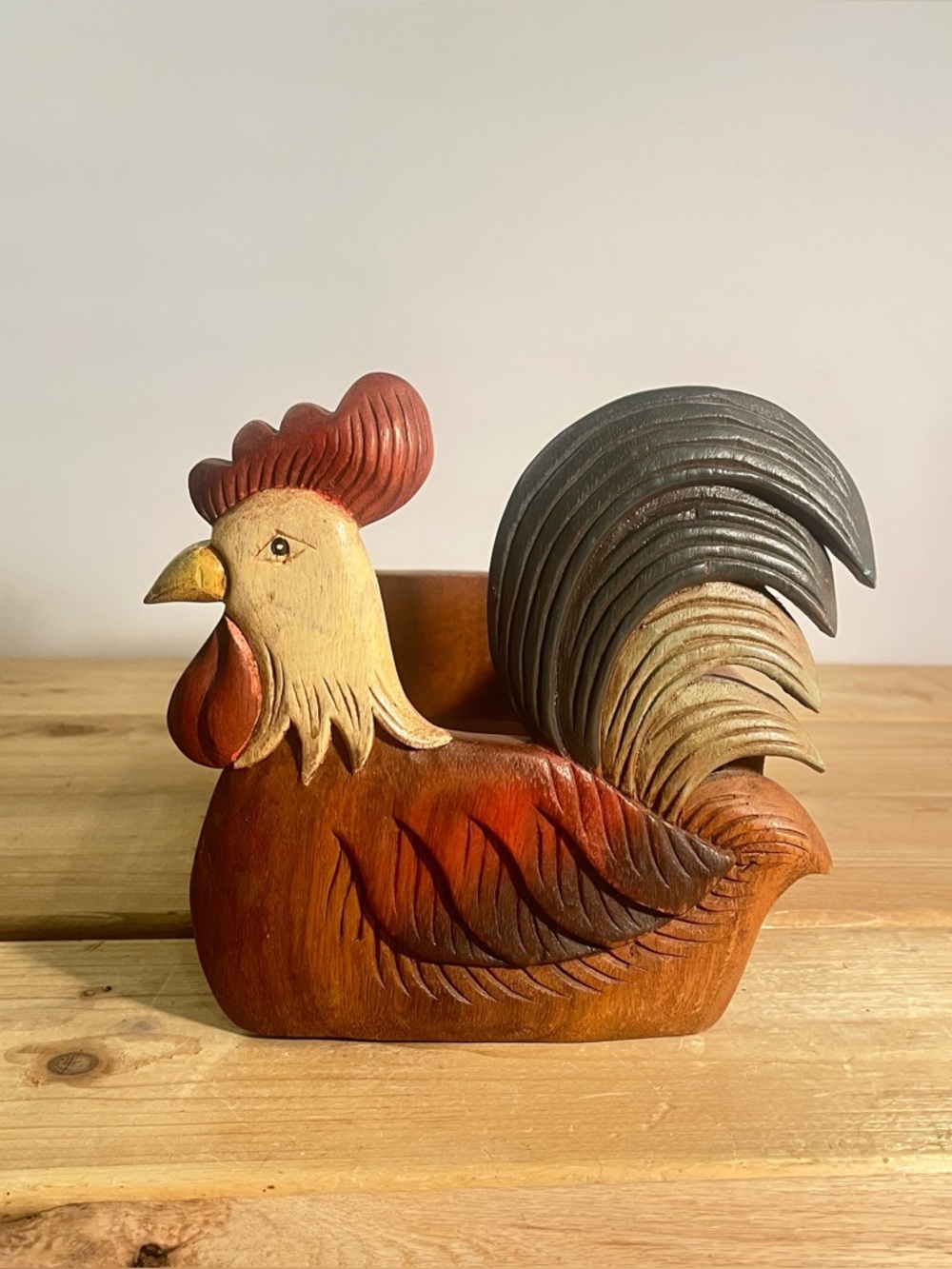 Wooden Carved Rooster Bin/ Box Painted Vintage Chicken farmhouse rustic